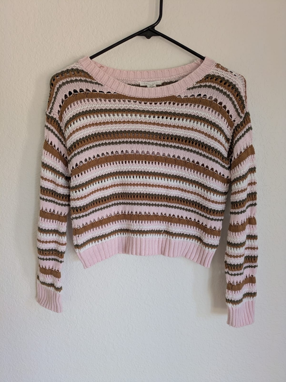 Full Tilt Pink, White & Brown Striped Open-Knit Crewneck Sweater